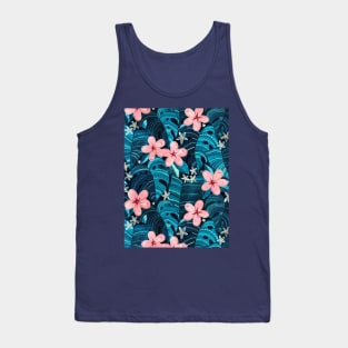 Moody Tropical Pattern in Cyan and Sapphire with Pink Tank Top